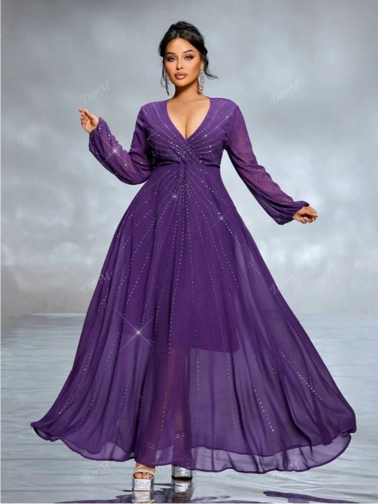 

D&M Plus Size Deep V Vestidos Rhinestones mesh Long sleeve Gown Prom Dresses Maxi Party Women Evening Wedding Guest Dresses