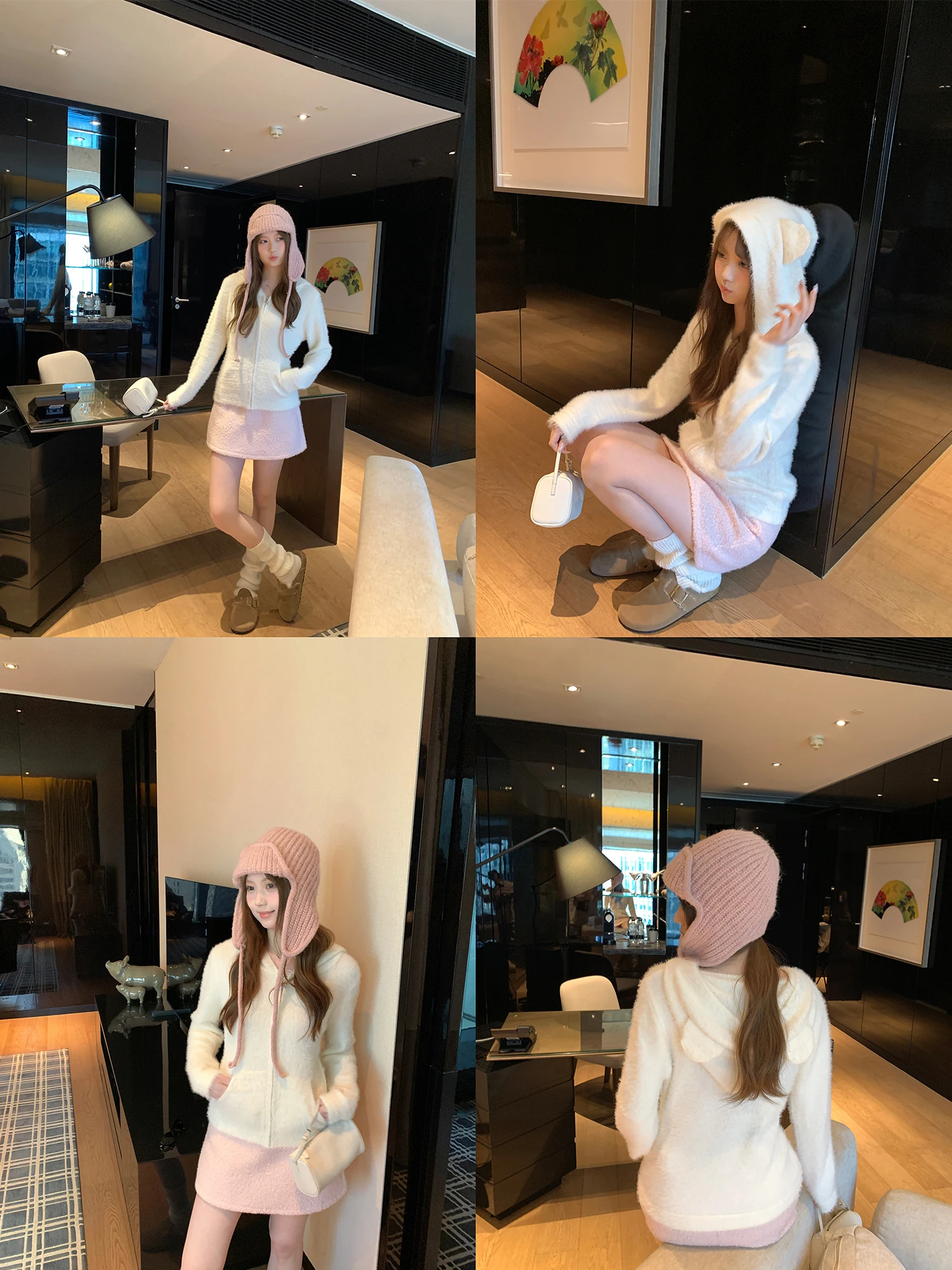 

Bear Ear Knitted Cardigan Women's Soft Long Sve Simulation Mink Knitted Sweater Casual Sle ort Length Zipper Closure