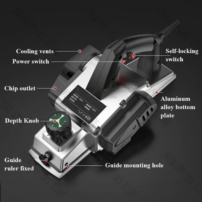 Elektrische schaafmachine Houtsnijder Zaag Timmermansvliegtuig Draagbaar met 82 mm schaafbreedte 2 mm diepte 220 V