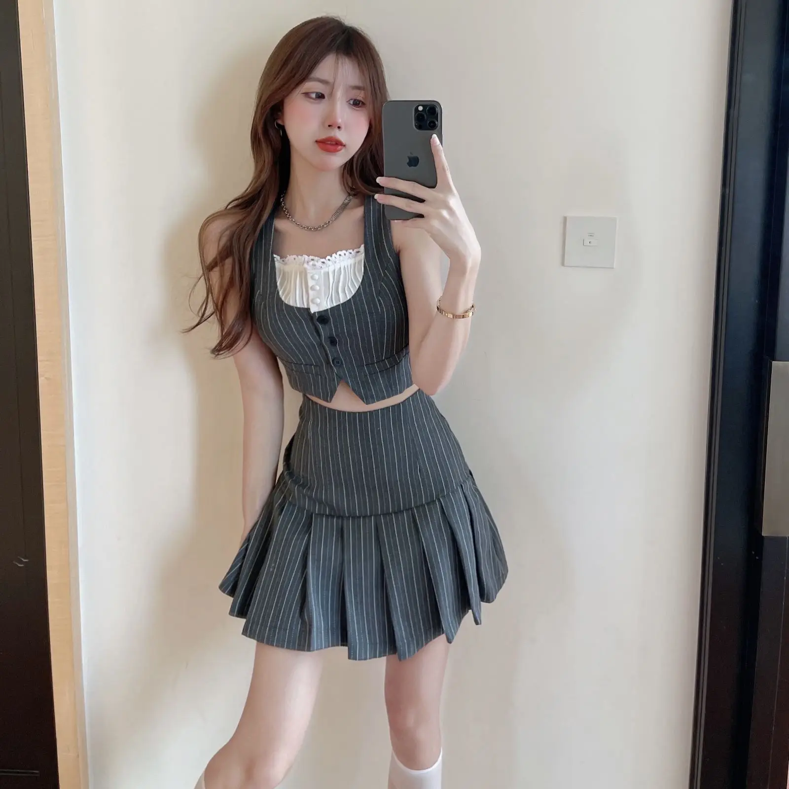 Grey Striped Patchwork Iace Women 2-Piece Set Button Sleeveless Vest + Pleated Skirt Summer Japanese Preppy Style Cute Girl Suit