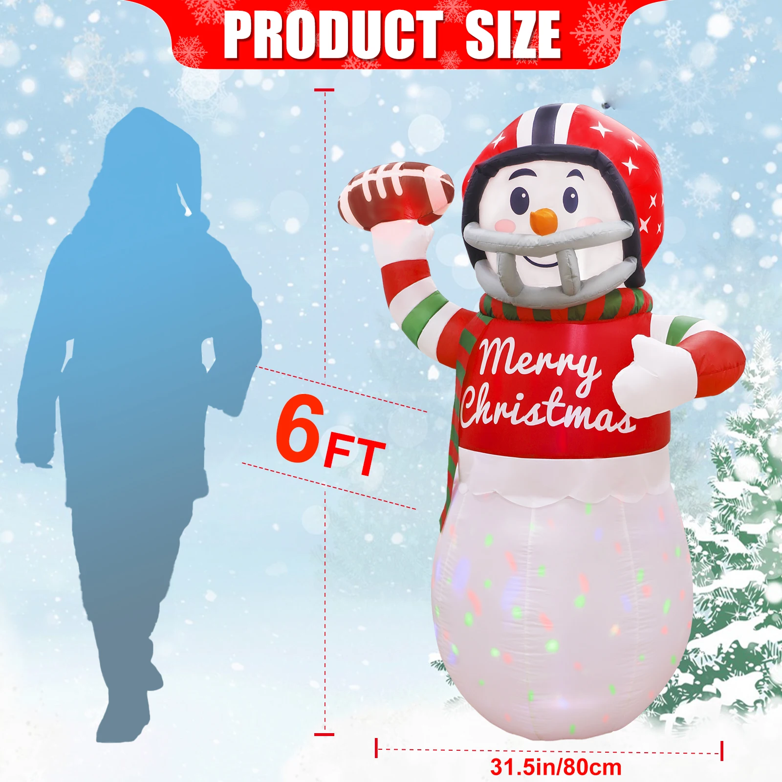 6ft Christmas Inflatable Football Snowman with Rotating LED Lights for Christmas Patio Lawn Santa Decorations