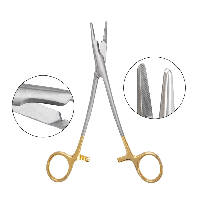 12.5cm/14cm Needle Holder With Scissors Multifunctional Needle Holder Insert With Scissors Gold Handle Clamp Dentist Instruments