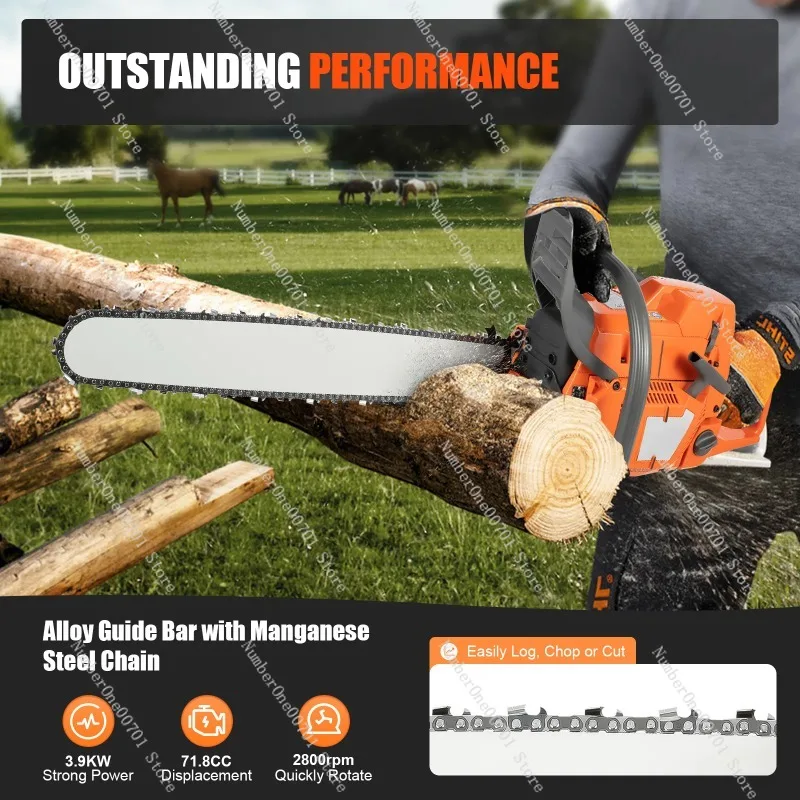 

24-дюймовая бензопила, 2-тактная, 72 куб. см, с ручным запуском, для распиловки древесины на ферме и в саду