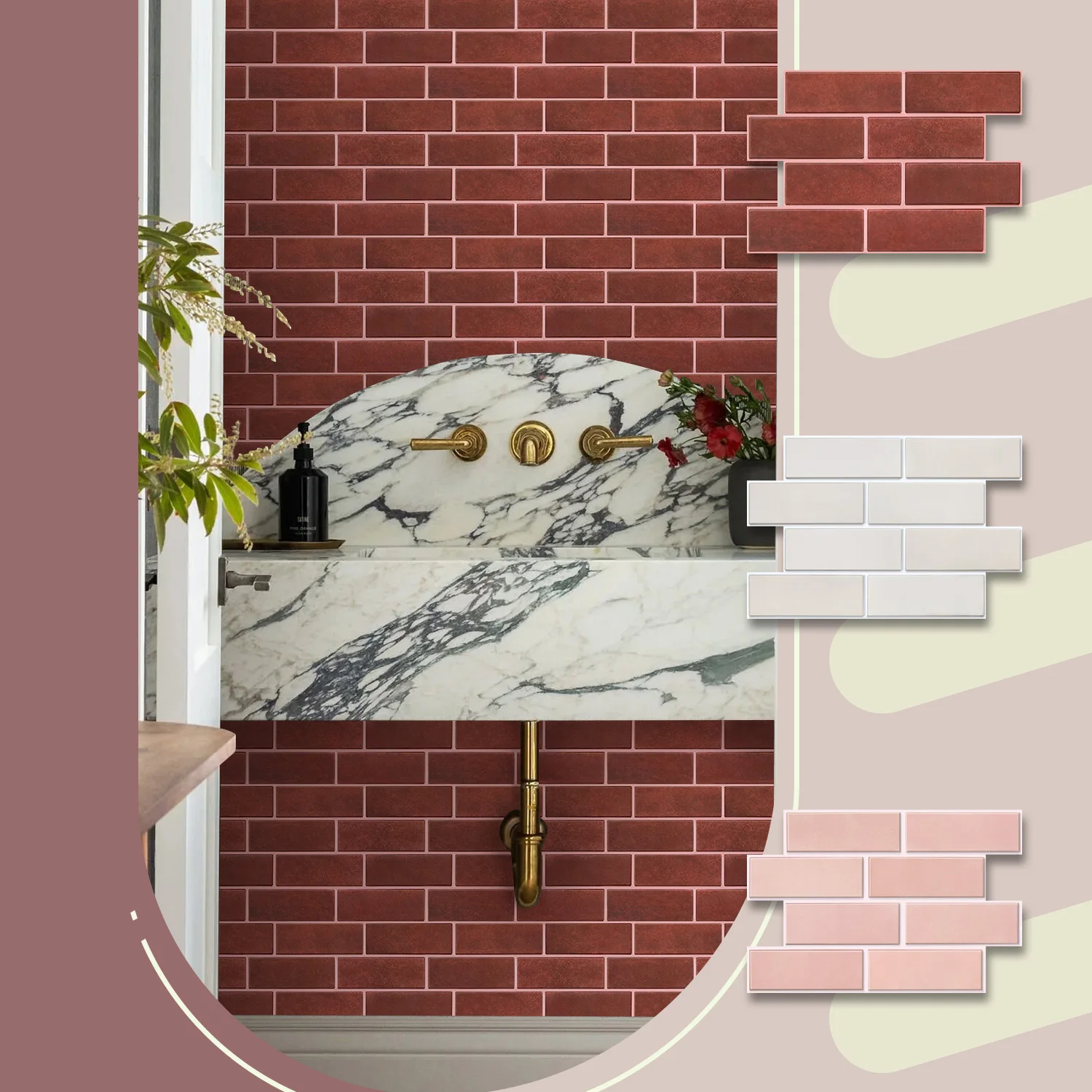 32PCS Red Faux Subway 3D Wall Panels 30x20cm, Peel and Stick Waterproof Wall Tiles for Kitchen Backsplash