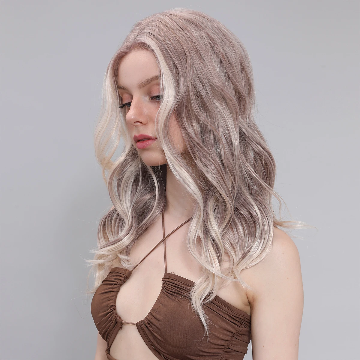 Smilco Omber Grey T-Part 13X5X1 Lace Front Curly Wigs For Women Long Hair Synthetic Lace Front Wig Daily Party Heat Resistant
