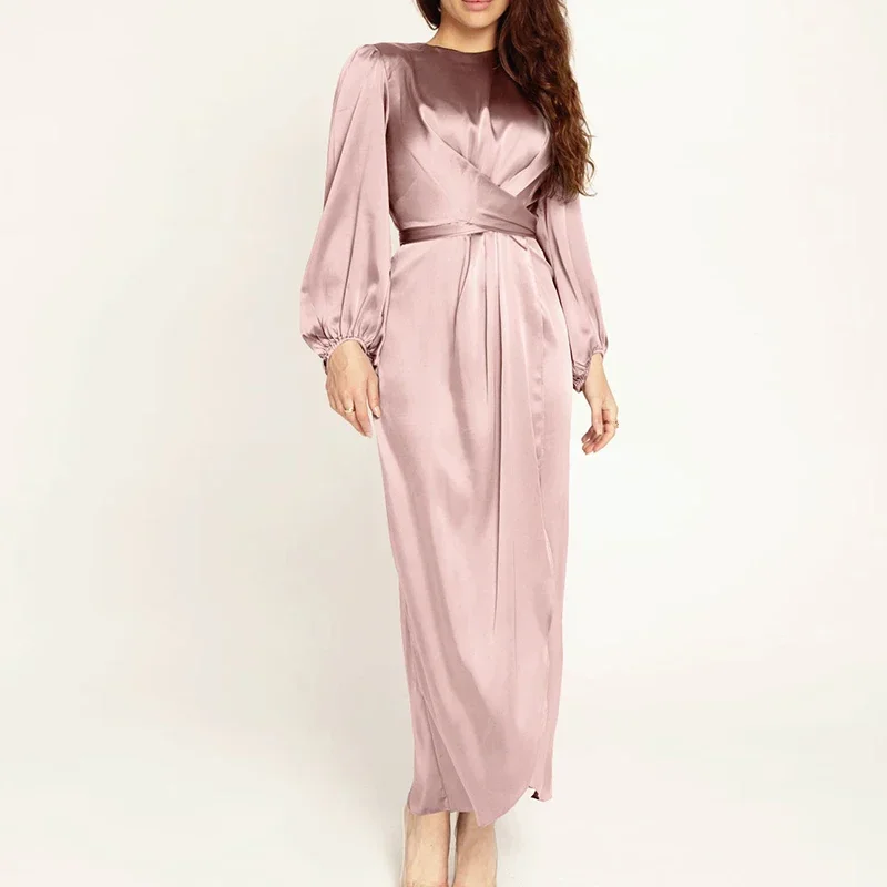 Women Arab Muslim Dresses Satin Long Sleeve Maxi Dress Solid Color Wrap Front Self-Tie Party Dress Prom Evening Robe De Soiree