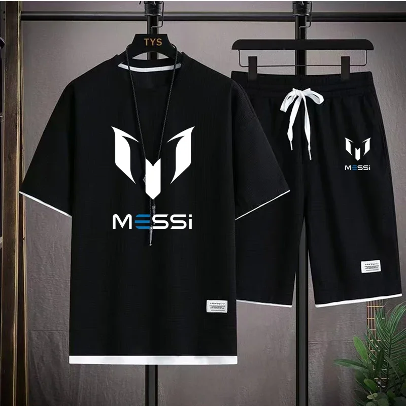 

2025 Messi printed men's T-shirt and shorts set, summer sportswear, loose fitting T-shirt, 2 pieces