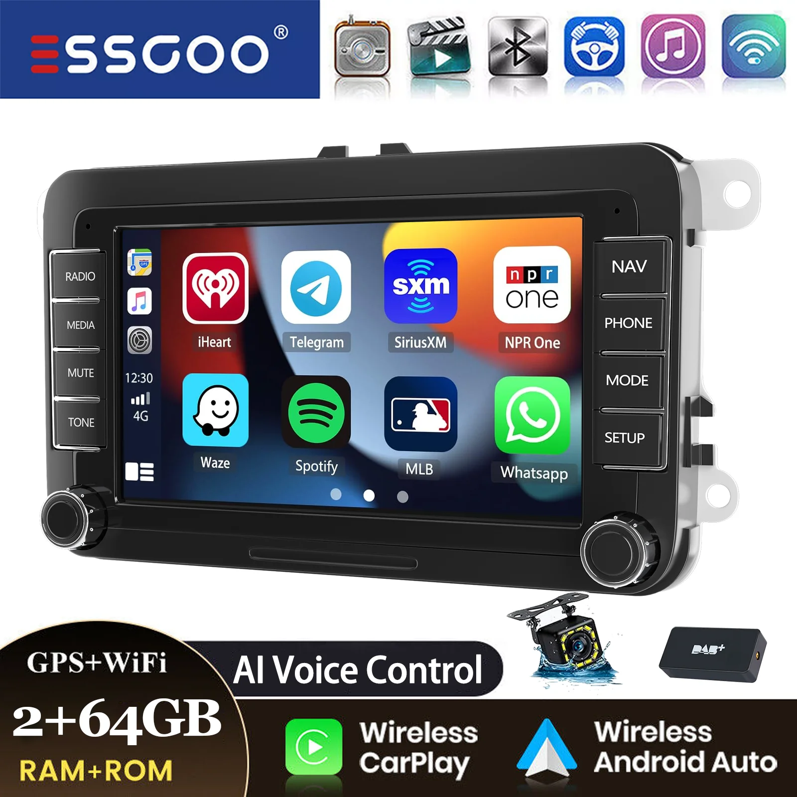 ESSGOO Android 14 Autoradio 7" 4+64GB Wireless CarPlay GPS Navigation WIFI RDS FM Bluetooth für VW Golf 5 6 Passat Polo 6R Touran Tiguan Caddy EOS Jetta Seat Skoda Touchscreen Mirror Link USB