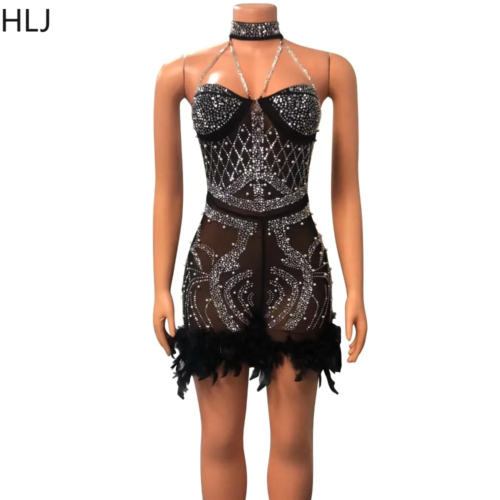 HLJ Luxury Pearls Rhinestone Beaded Prom Rompers Women Halter Chain Feathers Patchwork Jumpsuit Sexy Slim Birthday Party Overall