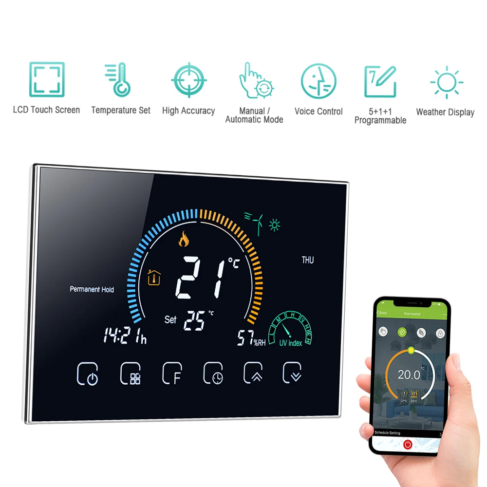 95-240V Wi-Fi Smart Programmable Thermostat 5+1+1 Six Periods Voice APP Control Backlight LCD Water/ Gas Boiler Heating Thermore