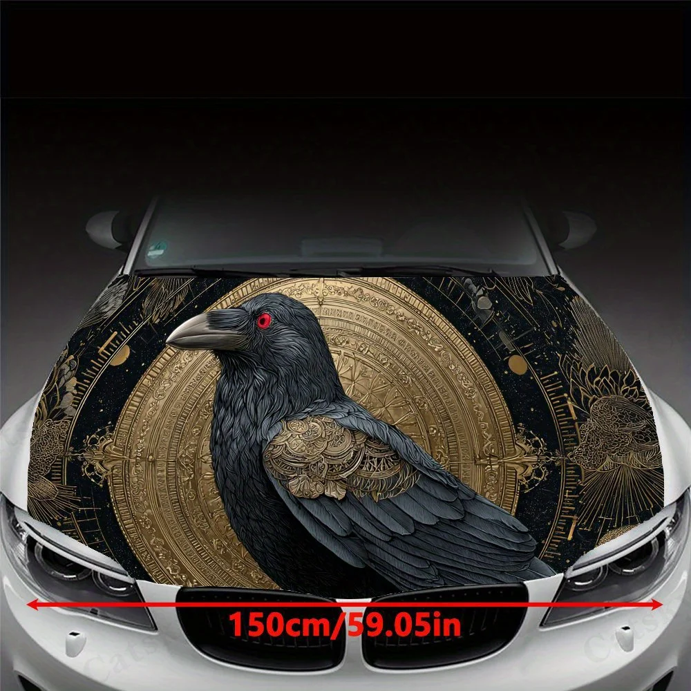 Black - Gold Raven Print PVC Car Vinyl Wraps, Self-Adhesive Waterproof Car Hood Decal Sticker, Car Decoration Protection Sticker