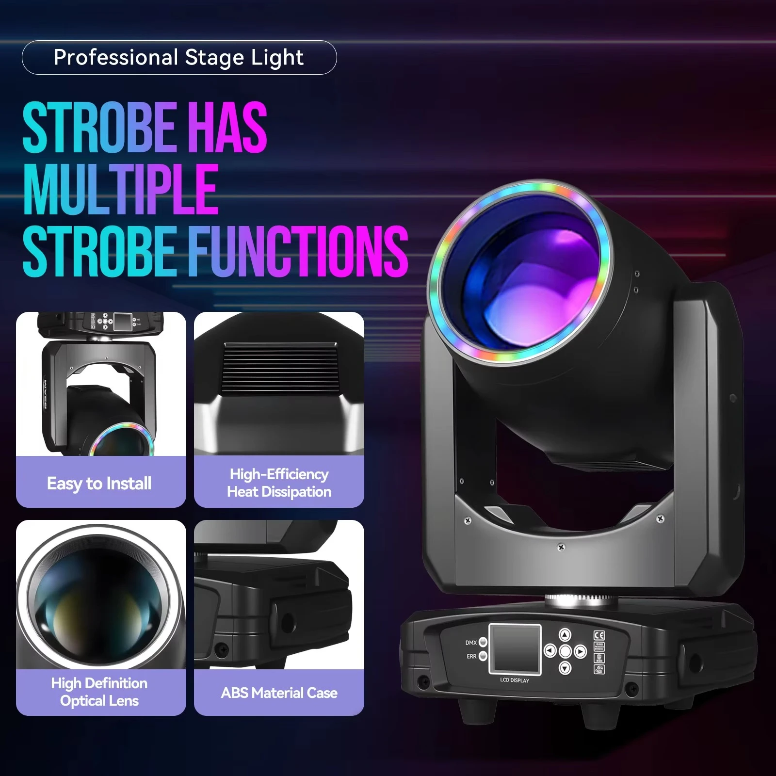 300W Moving Head DJ Lights 48-Facet Prism Stage Lighting with 15 Gobos 15 Colors DMX512 Sound Activated Beam for Wedding