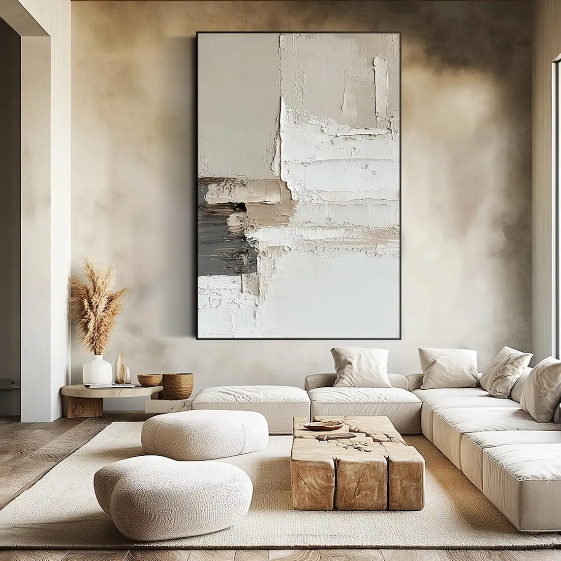 Neutral Textured Abstract Handmade Oil Painting Minimalist Modern Wall Art Beige White Canvas Art for Living Room Bedroom Decor