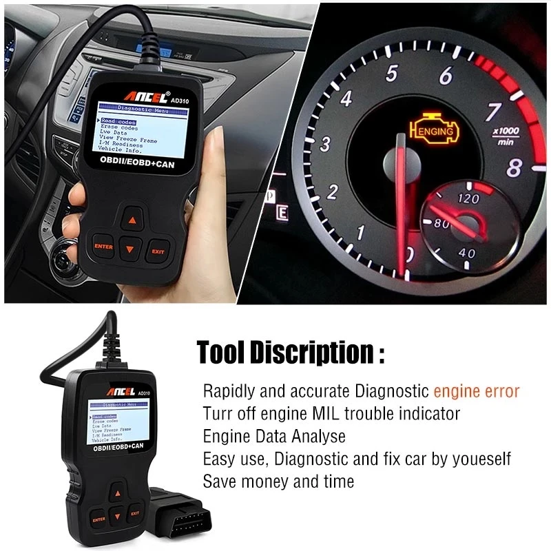 Ancel AD310 OBD2 Scanner Car Diagnostic Tool Code Reader Live Data Turn Off MIL OBDII Auto Diagnostic Scanner Multi-language