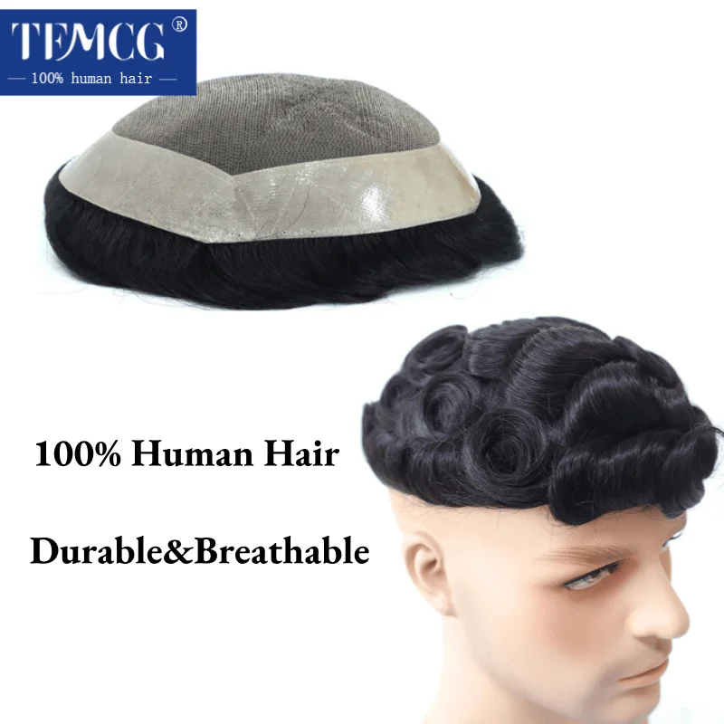 Wig rambut manusia Pria, rambut palsu Mono prostesis pria 100% Wig rambut manusia alami untuk pria tahan lama