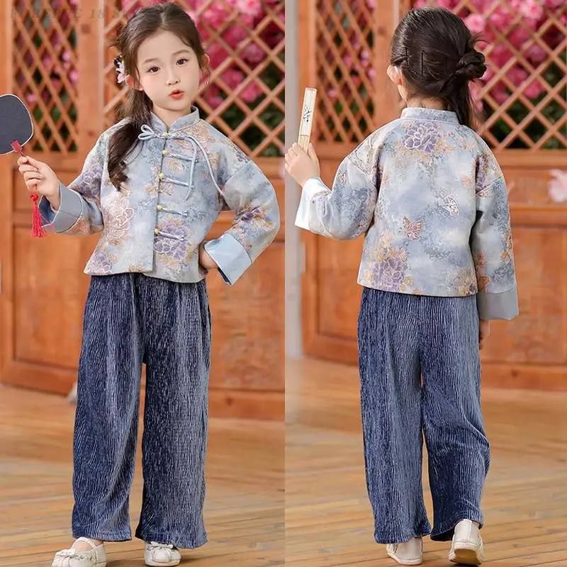 

Костюм Тан для девочек, традиционный китайский комплект ханьфу, детская восточная одежда в стиле ретро, детский весенне-осенний костюм Тан с длинными рукавами