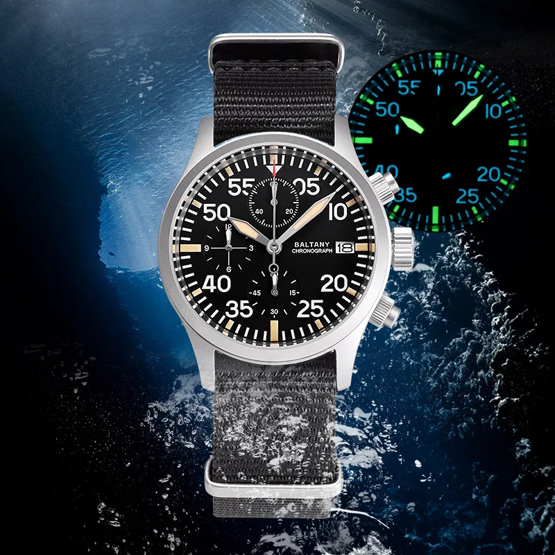 Imagem -05 - Baltany-relógio Cronógrafo Quartz com Janela Calendário Multifunções Estilo Militar Relógio de Pulso Retro Vk67 10atm Impermeável 39 mm Dial