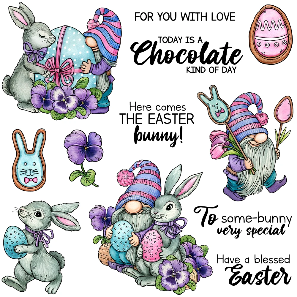 

Mangocraft Easter Eggs Rabbits Gnome Cutting Dies Clear Stamp DIY Scrapbooking Metal Dies Silicone Stamps For Cards Albums Decor