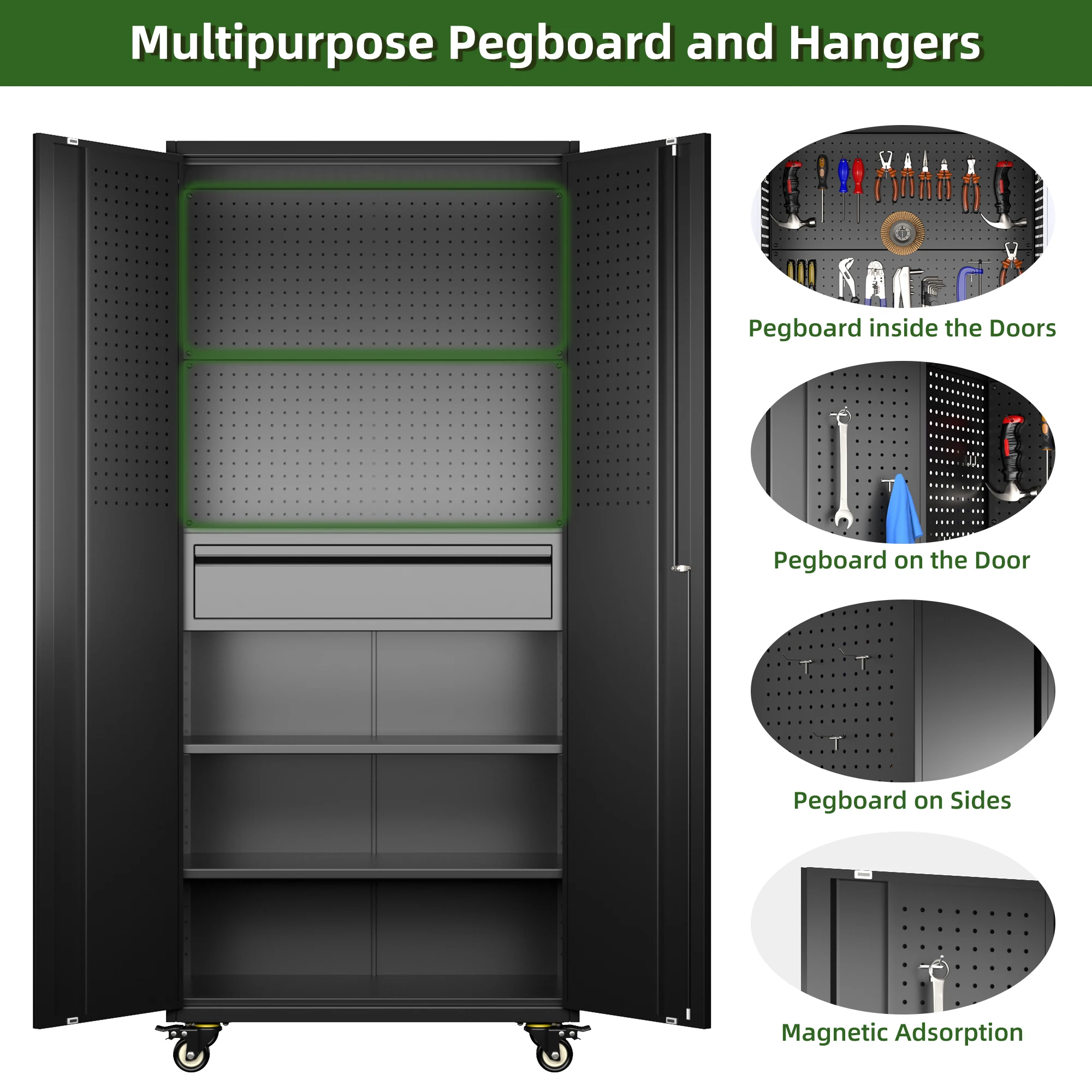 Aobabo Garage Storage Cabinet with Wheels,72" H Metal Storage Cabinet with 2 Doors and 4 Adjustable Shelves for Garage Home