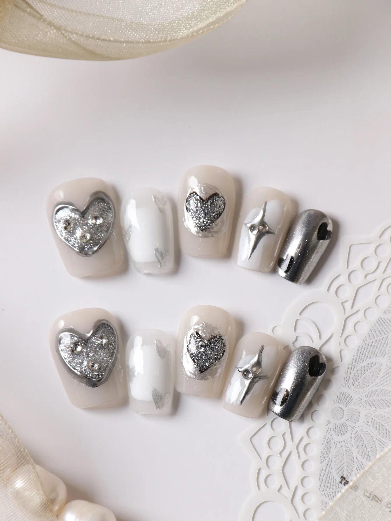 10Pcs Press on Nails White Nails Silver Heart Fake Nails Includes 1 Sheet of Adhesive Tabs & 1 Pc Mini File