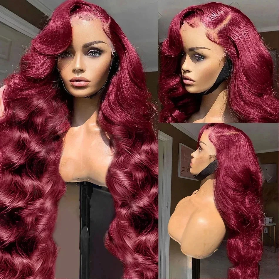 Perruque Lace Front Wig Body Wave Brésilienne Naturelle, Cheveux Humains, Couleur Bordeaux 99J, 13x6, Transparent HD, pour Femme