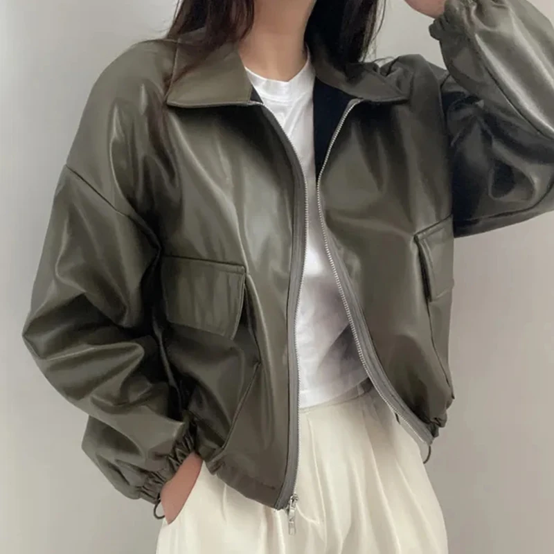 Sli Retro PU Leather Jaet Zipper Loose Fit Long Sve Turn-down Collar Biker Coat for Women Autumn Faion Outerwear