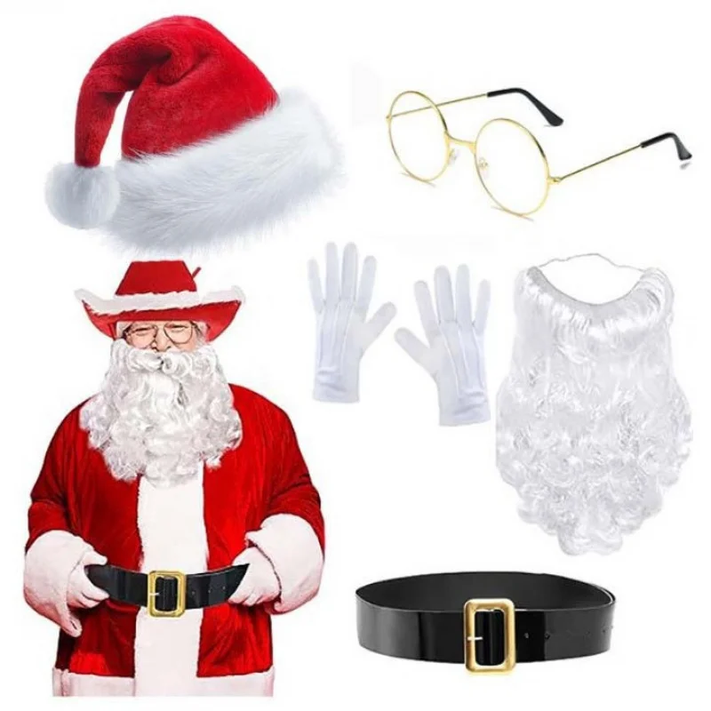 クリスマス帽子赤いカウボーイ白ひげメガネベルト手袋セット男性女性パーティーステージパフォーマンスコスプレ装飾