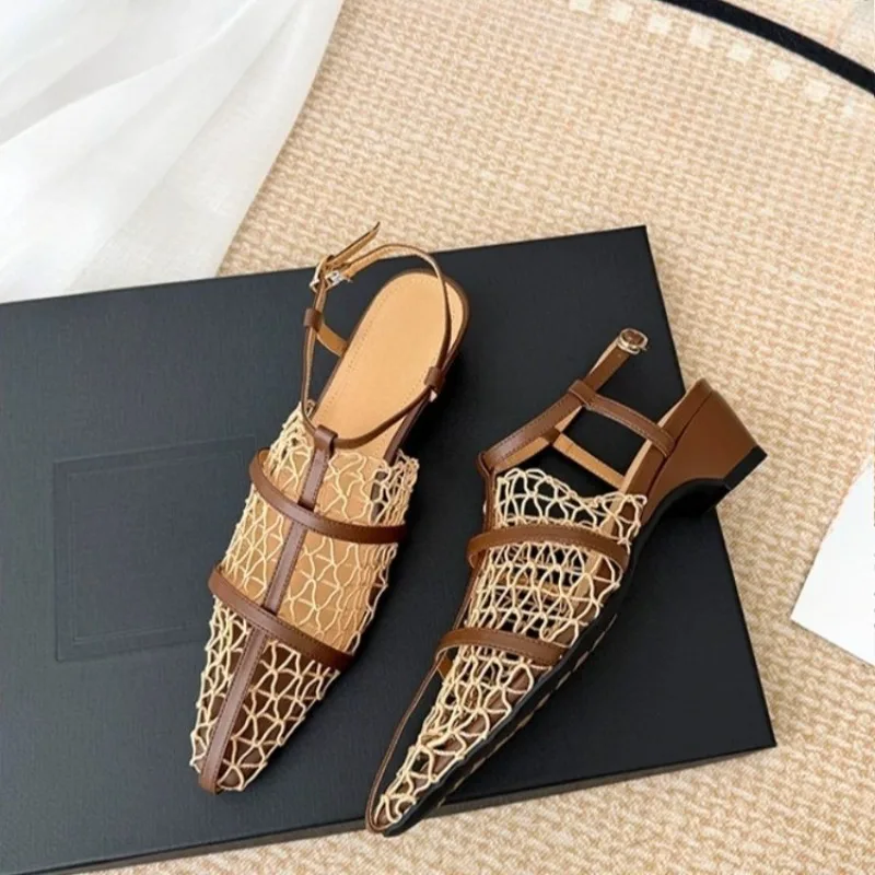 Woven Hollow Baotou Sandals Summer Niche Design Pointed Toe 2026 New One-band Block Heel Shoes