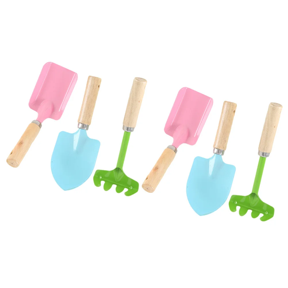 2Sets Kids Mini Garden Tools Set Metal Trowel Rake Shovel Candy Color Wooden Handle Safe Gardening for Children