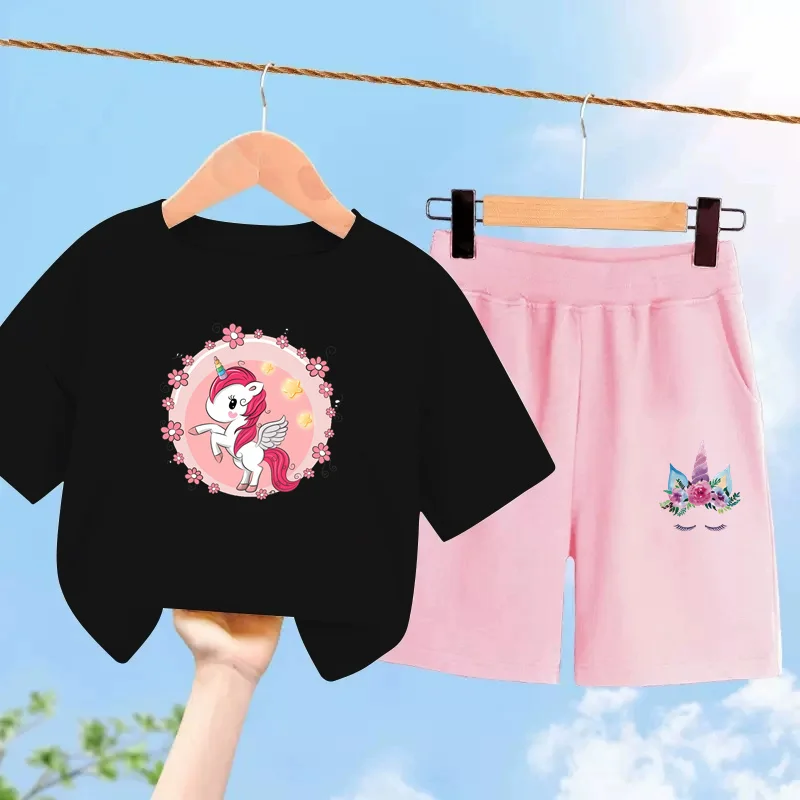 3-14T Children Fashion Clothing Baby Girl T-shirt Unicorn Shorts Summer Two-piece Set Short Sleeved Tops Pants