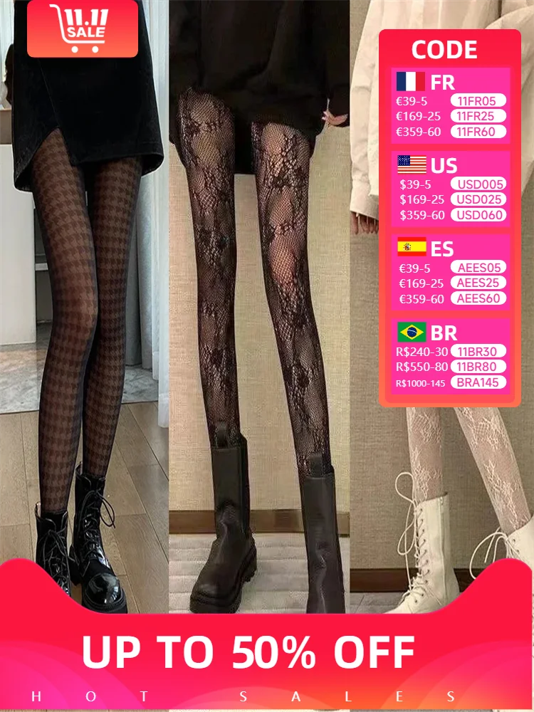 Lolita Stockings Womens Fishnet Tights Sexy Print Tights Black Hollow Out Hosiery Fishnet Harajuku Pantyhose Gothic Tights Cute