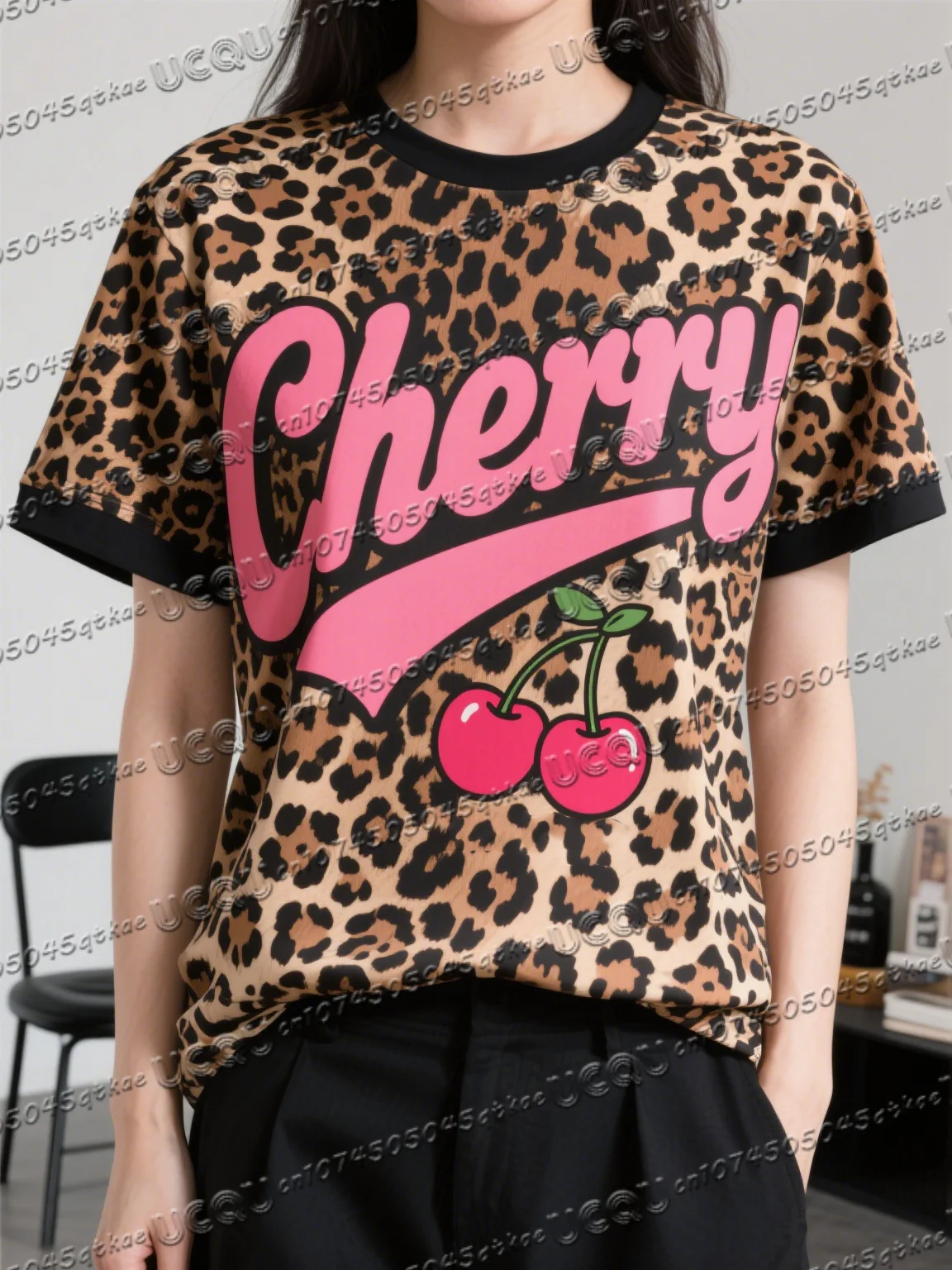 الصيف المألوف ليوبارد طباعة الكرز المرأة الأساسية فضفاضة ومريحة قصيرة الأكمام المرأة تي شيرت سريعة الجافة بلايز المحملة #5