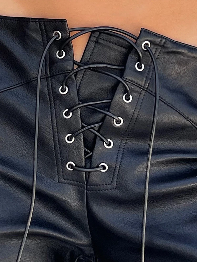 Cryptographic Fashion PU Faux Leather High Rise Skinny Straight Pants for Women Streetwear Bottom Club Party Goth Pant Trousers