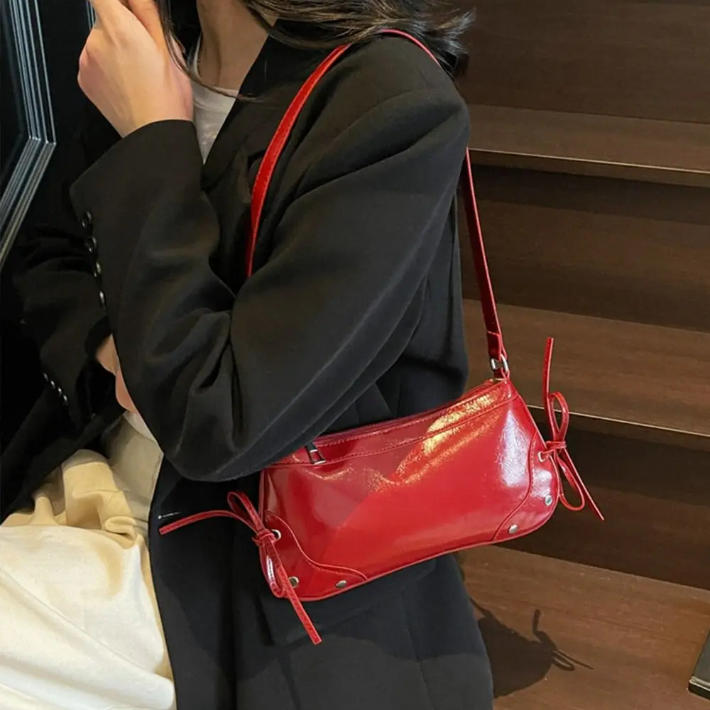 

Cute Solid Color Shoulder Bag Designer Bow Tie Armpit Bag PU Leather Y2K Women Handbag Girls