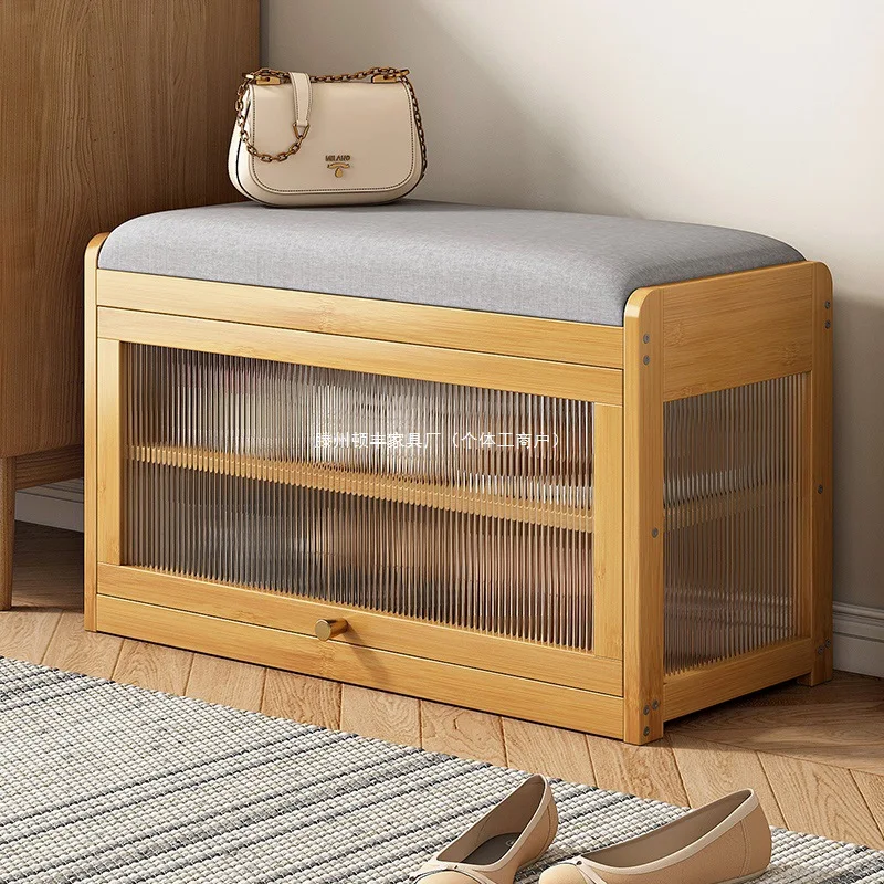 Solid Wood Shoe Rack with Cushioned Seat Top, Long Stool with Hidden Storage Space, Entryway Bench with Shoe Cabinet