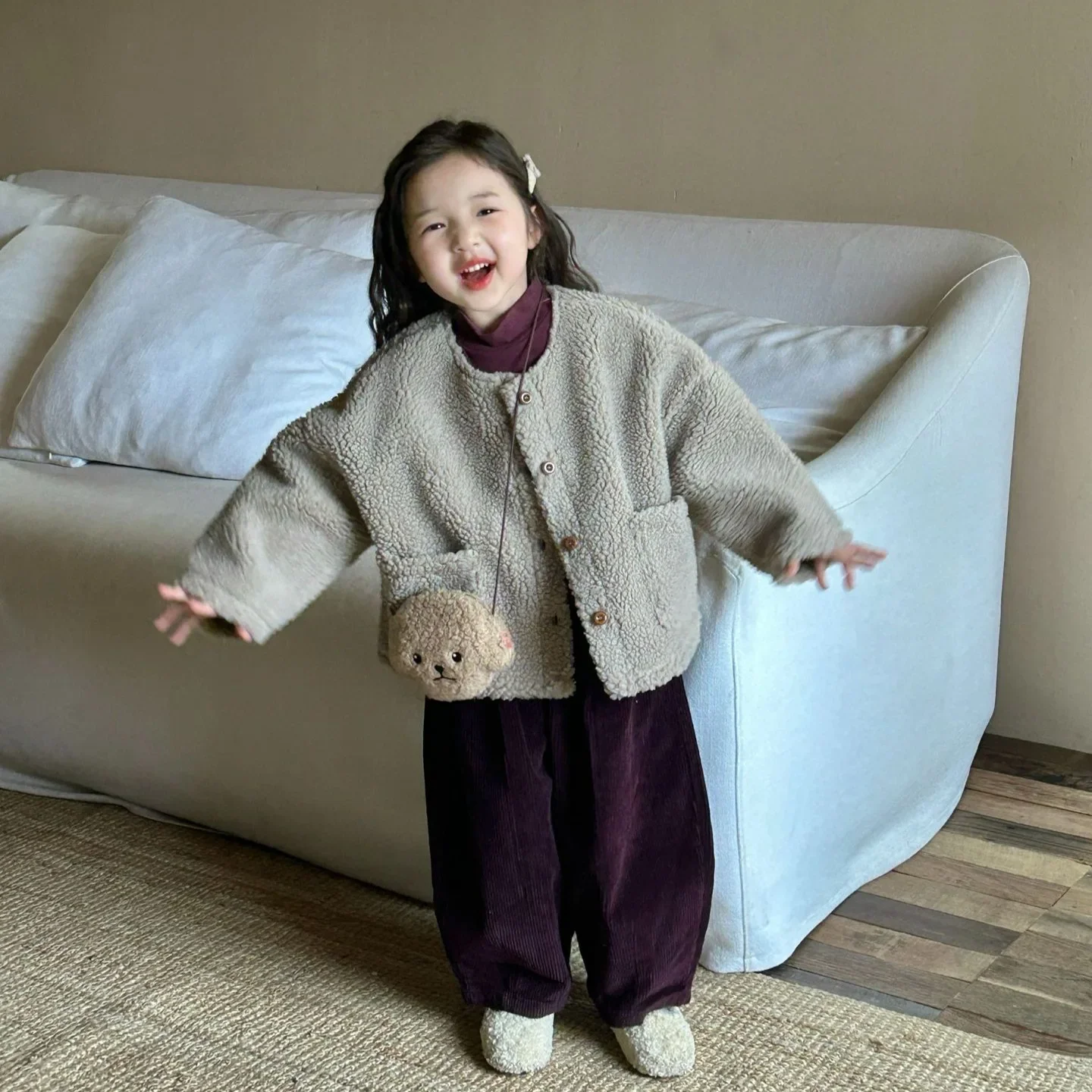 Girls Suit 2024 Winter New Childrens Clothing Baby Girl Lamb Wool Coat Base Shirt Corduvet Pants Three-piece Set Casual Simple