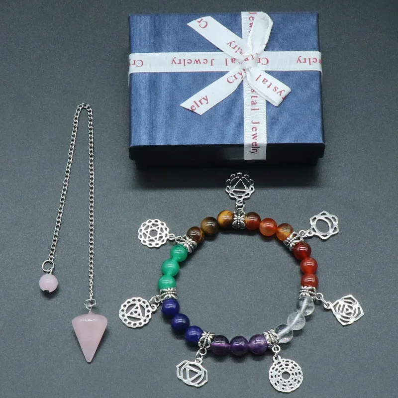7 Chakras Crystal Beads Bracelet with Rose Quartz Pendulum Gift Set Reiki Healing Divination Yoga Meditation Natural Gemstone