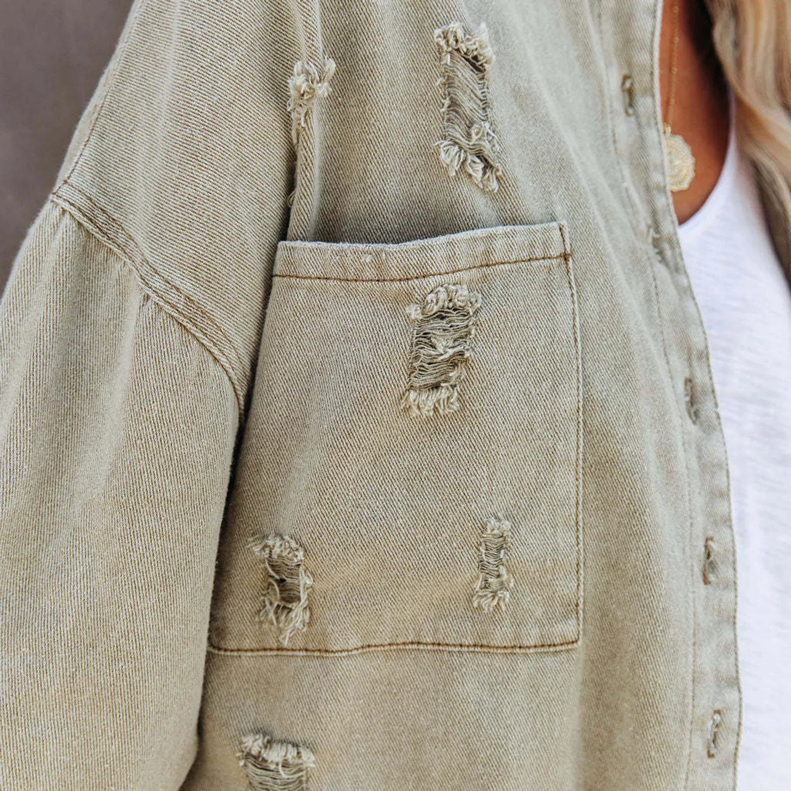 سترة نسائية عصرية ممزقة من قماش الدنيم بياقة مقلوبة وأكمام طويلة معطف بشراشيب واحدة الصدر قمصان وبلوزات فضفاضة ملابس خارجية