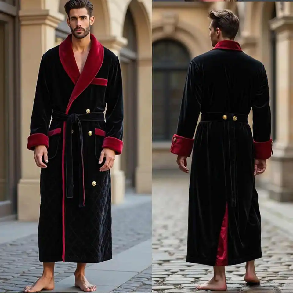 

Winter Warm Men Bathrobe Plush Coral Fleece Nightgown with Waist Pockets Soft Homewear Robe Men Clothing Customized