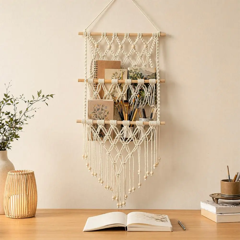 Bohemian Braided Tapestry, Wall Hanging Decorative Organizer, Knotted Rope Tapestry for Bedroom Living Room Magazines Holder