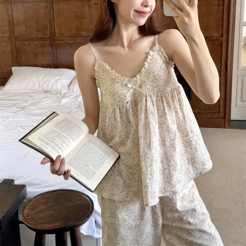 

Комплект женской пижамы: весенне-летняя пижама с цветочным принтом на бретельках, модная домашняя одежда, пижама — милая и мягкая