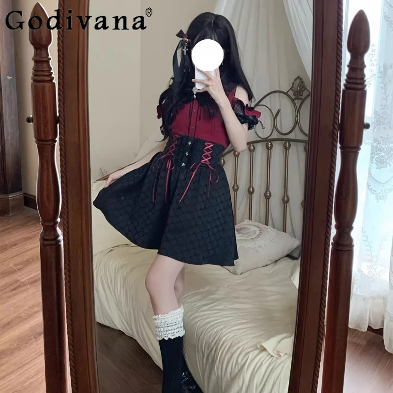 Conjunto de camisa y falda con hombros descubiertos para mujer, Top de subcultura de diseño Original, traje de dos piezas, conjunto producido en masa de estilo japonés