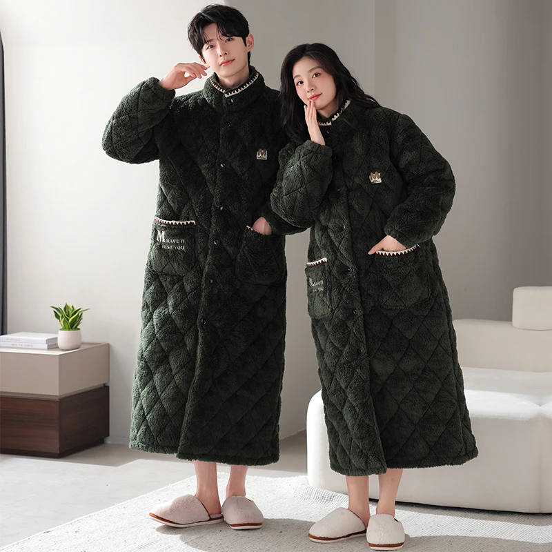 Winter Couple Robe Hooded Pajamas Set Thick Warm 3 Layer Clip Cotton Pyjamas Women And Men Home Clothing