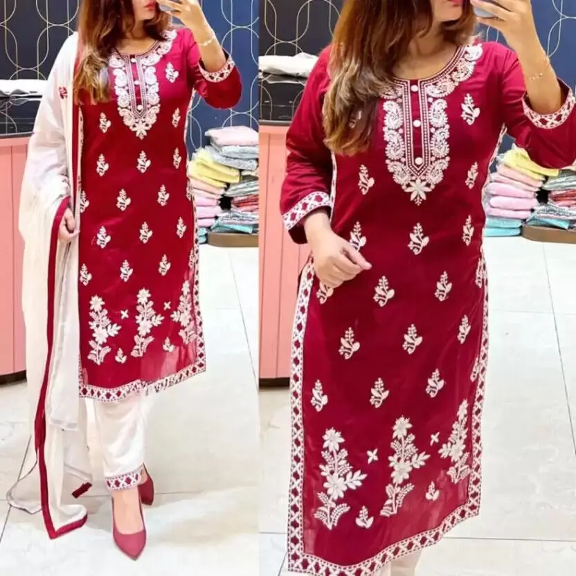 Pakistani Kurta Pant Dupatta Set Women Salwar Kameez Kurti