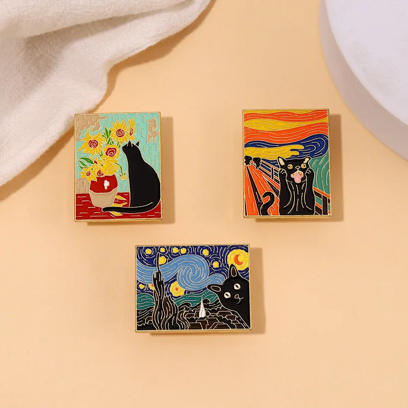 Cats in Oil Painting Enamel Pin Custom Funny Black Kitten Sunflower Brooch Lapel Badge Animal Jewelry Gift for Kids Friends