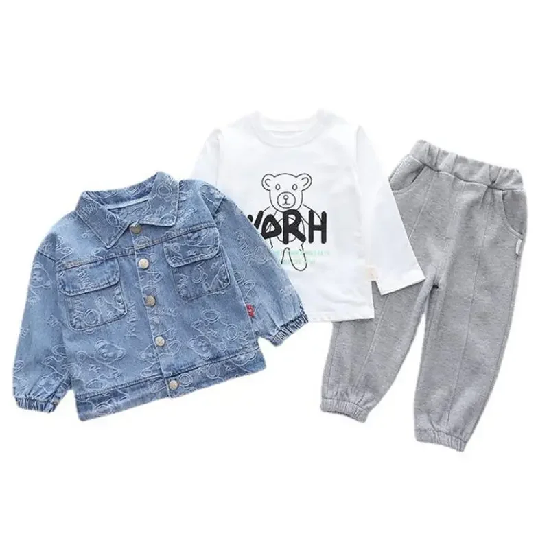 Children Fashion Suit Spring Kids Boy Girl Denim Coat T-shirt Pants 3Pcs/Set Toddler Clothing Infant Sportswear 0-5 Years