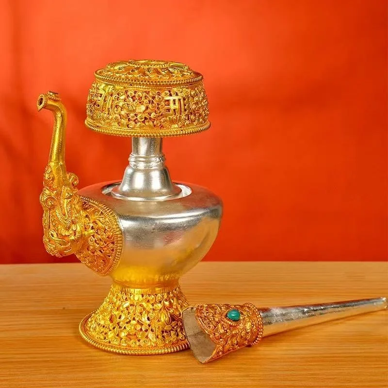 Nepalese Water Purification Bottle Copper,Tantric Holy Water Buddhism Inlaid Gem Pot,Tibetan Altars Kettle Buddhist Religious
