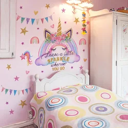 2pcs Cartoon Unicorn Rainbow Stars Wall Sticker Girls Bedroom Children's Room Layout Wall Sticker Wallpapers Home Decor Ms2373