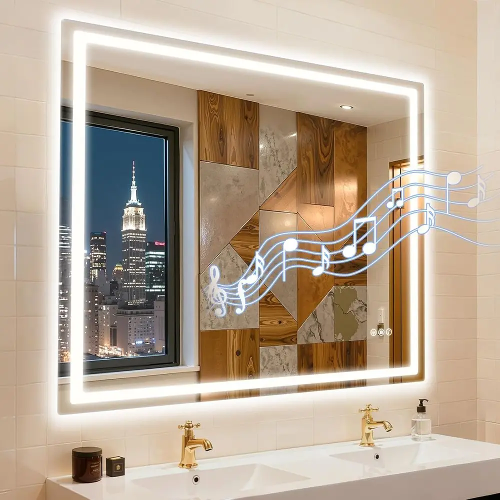 Wall-Mounted LED Vanity Mirror with Bluetooth Speakers, Anti-Fog, Dimmable Lighting, Tempered Glass, 3-Color Options