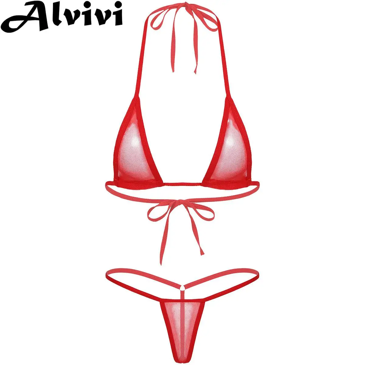 

Women Sheer Mesh Bikini Set Tankini Two-piece Swimsuit Halter Lace-up Bra with Thong Swimwear Beach Vacation Sunbath Bathing Sut